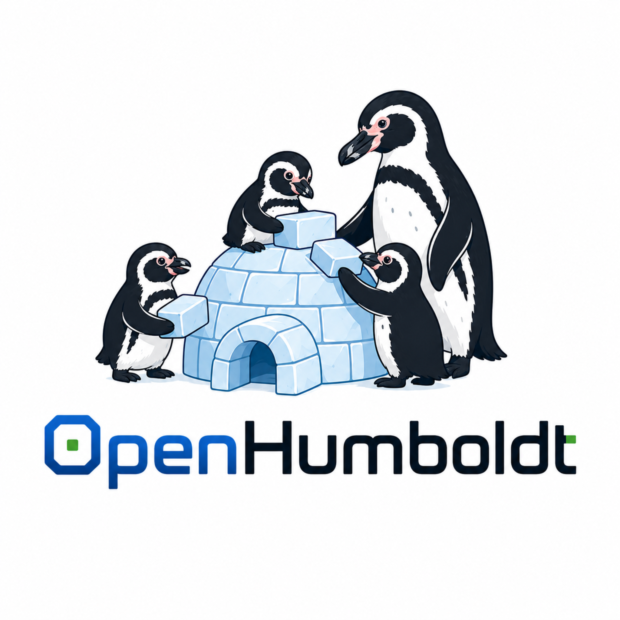 Logo de OpenHumboldt con pingüinos construyendo un iglú